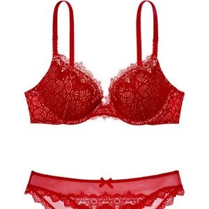 Victoria's Secret DREAM ANGELS CROCHET  LINED DEMI RED BRA SET
